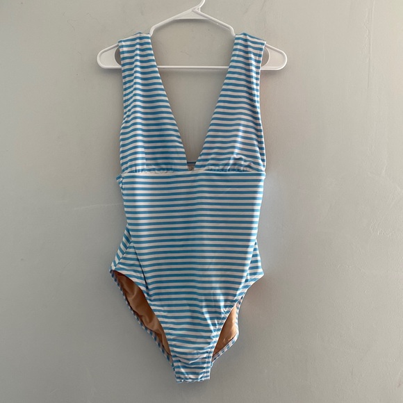 J. Crew One Piece Swimsuit Blue Stripe Plunge V-Neck Size Large - Picture 4 of 9